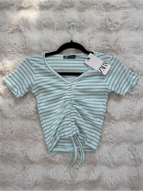 ZARA Mint & White Striped Ruched V-Neck Crop Top